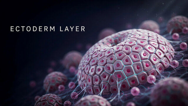 Ectoderm layer cells forming a spherical structure with pink and purple hues on a dark background in a scientific illustration