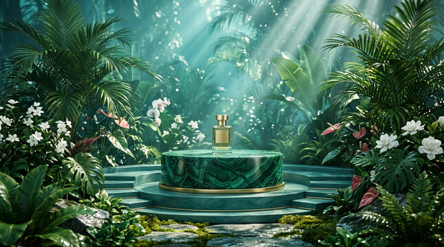 Elegant glass perfume bottle resting on a luxurious circular malachite pedestal surrounded by lush tropical vegetation and vibrant white flowers under soft natural sunlight filtering through the dense