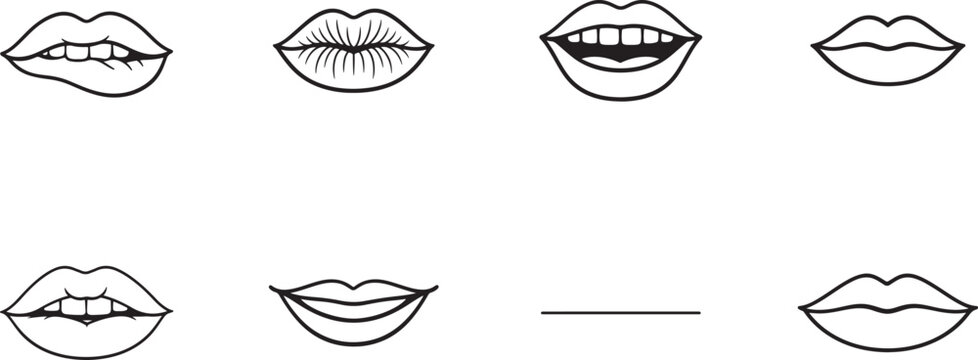 Female lips outline illustration set with mouth expressions beauty makeup line art vector icons.