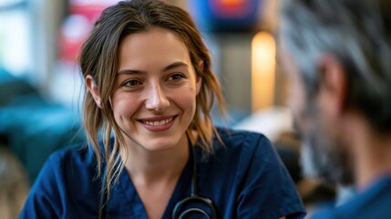 Fototapeta premium Nurse manager candidate smiling during interview with clinic director