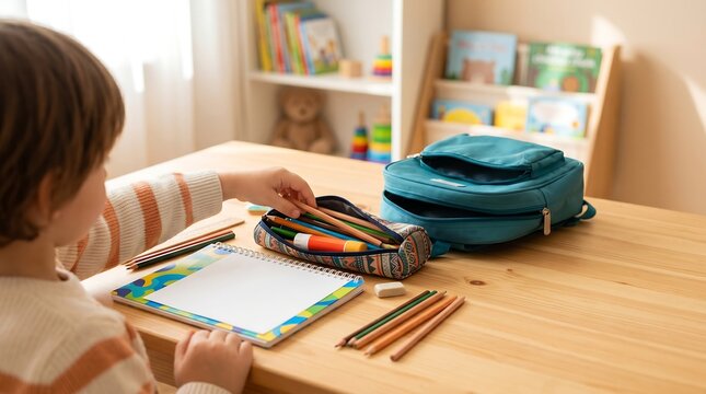 Everyday Lifestyle: Child Arranging Pencil Case and Notebook for School Routine