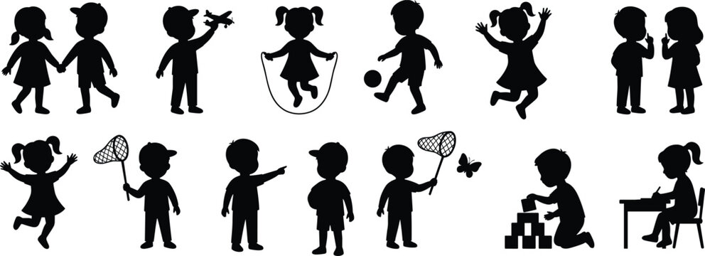 Silhouettes of children playing, learning, and interacting in various childhood activities for education and lifestyle concepts