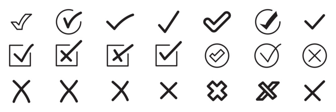 Set of green and black check marks with single and double ticks in various circular and square shapes. right and wrong buttons and yes or no checkmark icons. Set of green checkmark, red cross, x mark