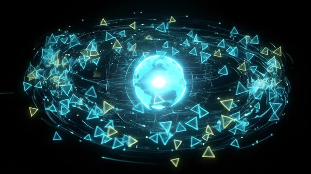 Artificial intelligence large language models LLM visualize global data flow with glowing digital and triangular elements orbiting bright earth core