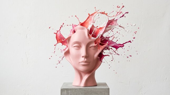 Surreal Pink Sculpted Head Exploding with Vibrant Colorful Splashes