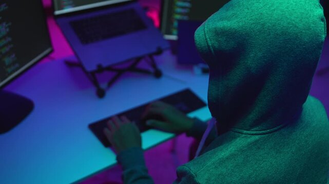 Hacker Typing Code in a Cyber Environment Surrounded by Computer Screens