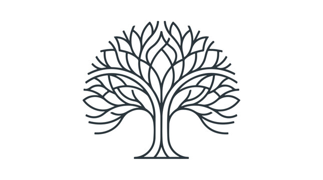 Minimalist tree icon with sprawling branches and leaves in simple line art style