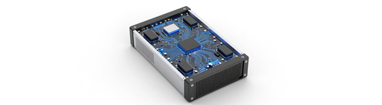 render photorealistic ai server intricate circuit boards glowing blue led lights even lighting directly