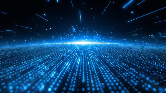 Glowing blue digital grid extending toward a bright horizon with floating particles on a dark background