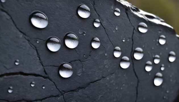 Clear water drops on textured dark basalt stone background