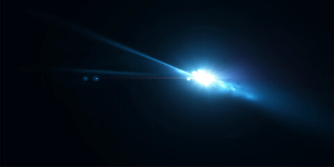 Blue space background with glowing blue planet, stars, light rays, neon beams, dark cosmic sky and digital space glow illustration © MDNUR