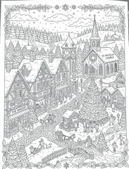 Obraz premium Vintage sketch illustration of a medieval castle in the mountains surrounded by forest and village landscape