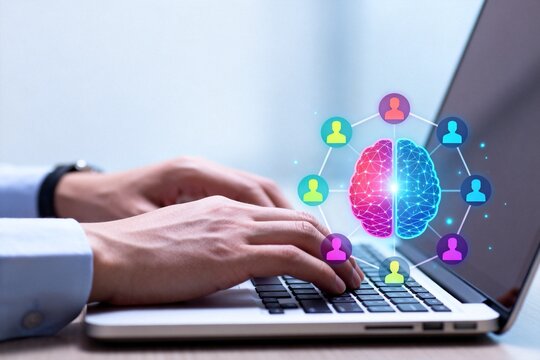 Hands typing on laptop with brain graphic