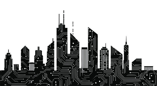 Skyscrapers built from circuit board patterns represent the future of urban technology.