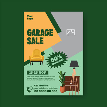Editable garage sale poster and flyer template design in A4 size with minimal layout, vector based brochure cover, perfect for yard sale promotion, clearance events, and retail marketing advertisement