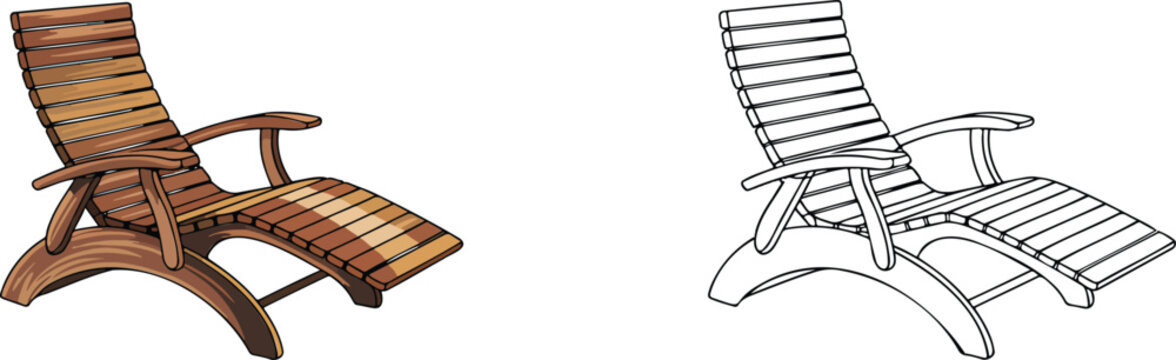 Wooden sun lounger chair illustration & outline set isolated on transparent background 