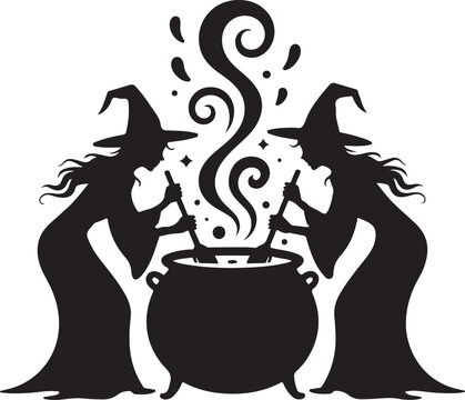 Three Witches Stirring Cauldron on White Background Silhouette