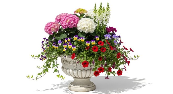 Beautiful floral arrangement in a classic stone urn planter isolated on white background with hydrangeas, petunias, pansies, and snapdragons