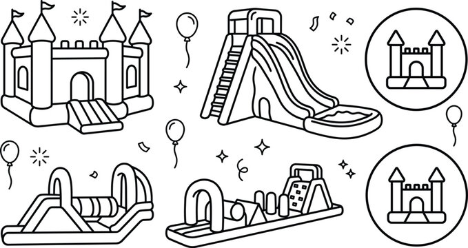 Inflatable Bouncy Castle and Water Slide Playground Vector Line Icon Set Collection