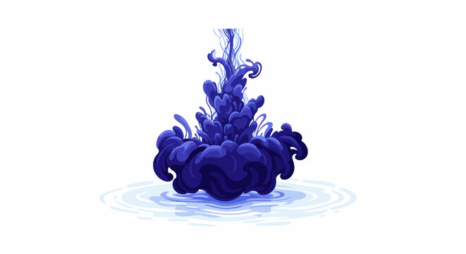 Abstract dark blue liquid cloud blooming in water, creating ripples on white background