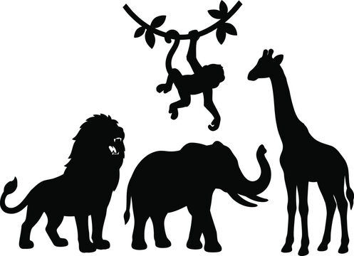 Black silhouettes of lion, monkey, elephant and giraffe