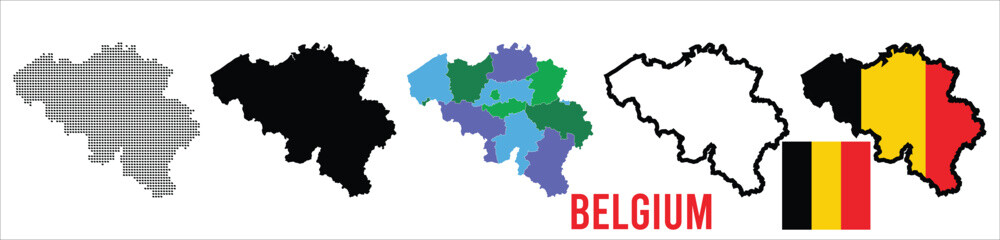 Obraz premium Belgium Map Set with National Flag Vector Illustration, Dotted, Silhouette, Divided State, Outline, and Regional Map Collection