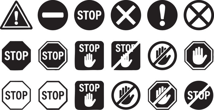 Vector stop signs and prohibition symbols set with warning icons and hand gestures in black and white colors for graphic design usage.
