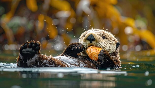 Charming sea otter floating on its back in calm water holding a colorful seashell