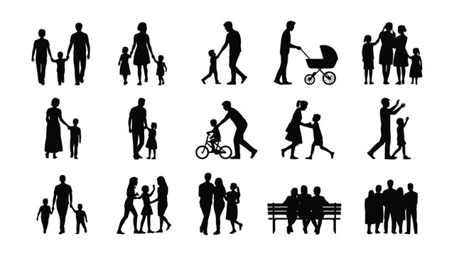 Set of black silhouettes featuring families and parents interacting with children in daily activities