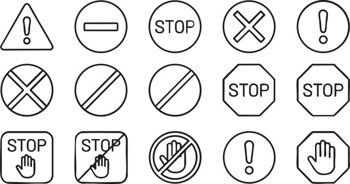 Vector stop signs and prohibition symbols illustration with warning icons and graphics