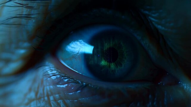 Extreme close-up of elderly human eye under cool blue lighting