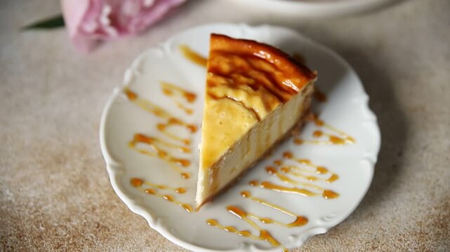 Cheesecake sweet dessert, slice of cake tasty snack fresh delicious gourmet food background on the table rustic food, top view copy space