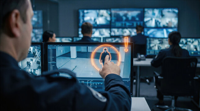 Surveillance officer monitoring live cctv camera footage in a security control room. Operator pointing at suspect on screen with alert warning. Police team tracking threat through video system