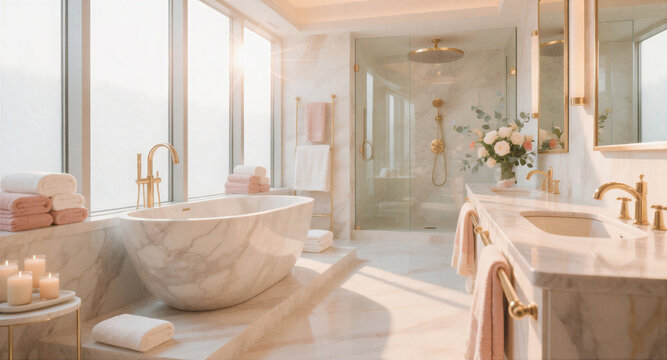 Luxurious bathroom interior with a freestanding marble bathtub, golden faucets, glass shower, vanity sinks, soft towels, candles, and a floral bouquet. Elegant modern spa retreat with warm sunlight.