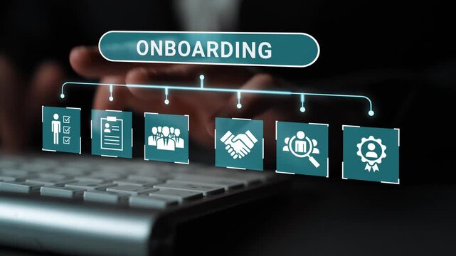 Streamlined Onboarding Process Illustration with Icons Representing Steps and Actions in a Professional Environment Gluon.
