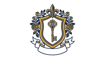 Obraz premium Elegant Crest Emblem with Key, Roses and Ribbon