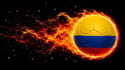 Fototapeta premium A soccer ball featuring the colors of the Colombian flag, surrounded by intense, realistic fire and sparks, set against a solid black background.