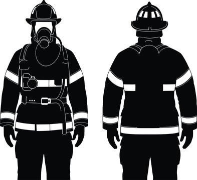 Black and white silhouette of a firefighter wearing protective gear and safety helmet