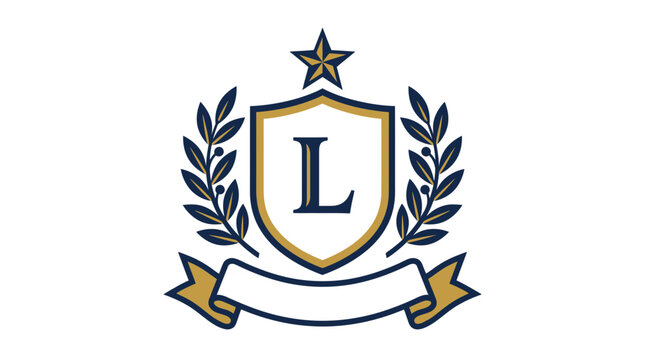 Elegant Crest Emblem with Letter L, Laurel Wreath, Star, and Banner