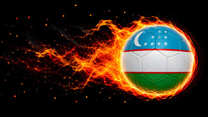 Naklejka premium A soccer ball featuring the national flag of Uzbekistan, engulfed in flames and moving through a dark background with sparks and smoke.