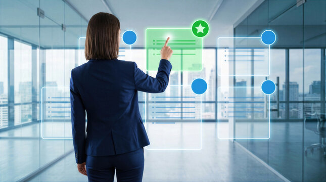 Businesswoman in suit selecting top priority task on interface screen. Corporate manager evaluating best option from checklist menu. Professional decision making, project management, workflow planning