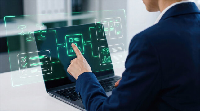 Workflow automation and business process management on laptop. Businessman touching interface with checklist, flowchart and analytics diagram. Corporate productivity, project planning and digital