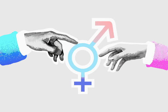Gender Symbols And Hands Mixed Media Illustration With Halftone Backgrounds