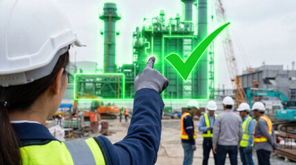 Fototapeta premium Engineer at industrial plant pointing at green checkmark for quality approval. Construction site with workers, crane and machinery. Factory inspection, safety compliance and project management.