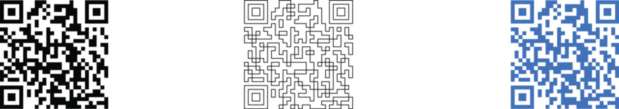 Vector Set of Black Outline Blue QR Code Scan Pattern Collection