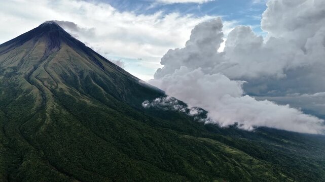 Push in aerial shot of the majestic Mayon Volcano in Albay, Philippines