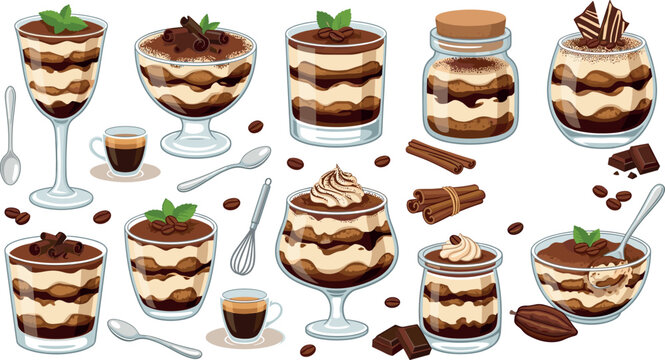 Elegant Tiramisu Parfait and Italian Dessert Glass Set with Coffee Cups Cinnamon Sticks and Chocolate for Cafe Menu Designs