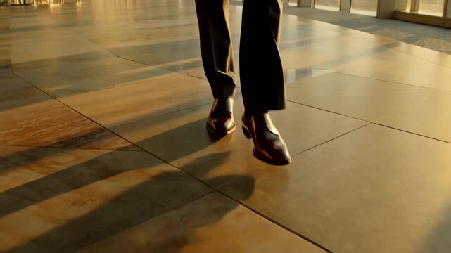 Close-up of businessperson walking across sunlit modern office lobby