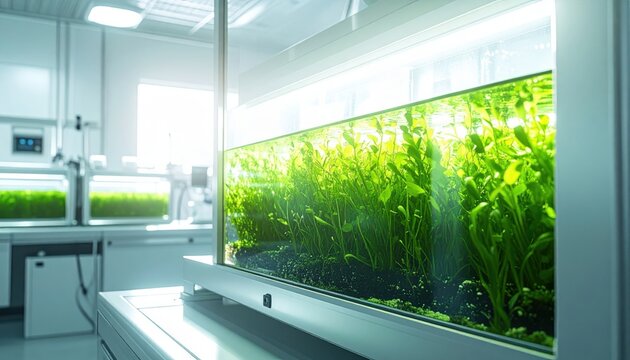 Vibrant green microalgae cultures being cultivated in a modern laboratory setting