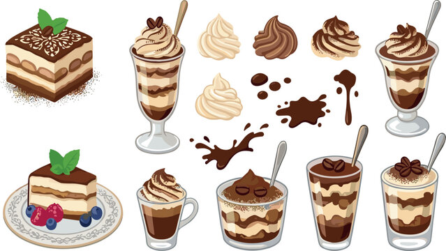 Tiramisu Dessert Cups and Sweet Italian Cake Set with Whipped Cream and Chocolate Splashes for Cafe Menu Designs